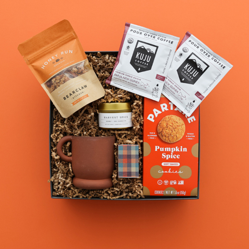 pumpkin spice gift box on orange background