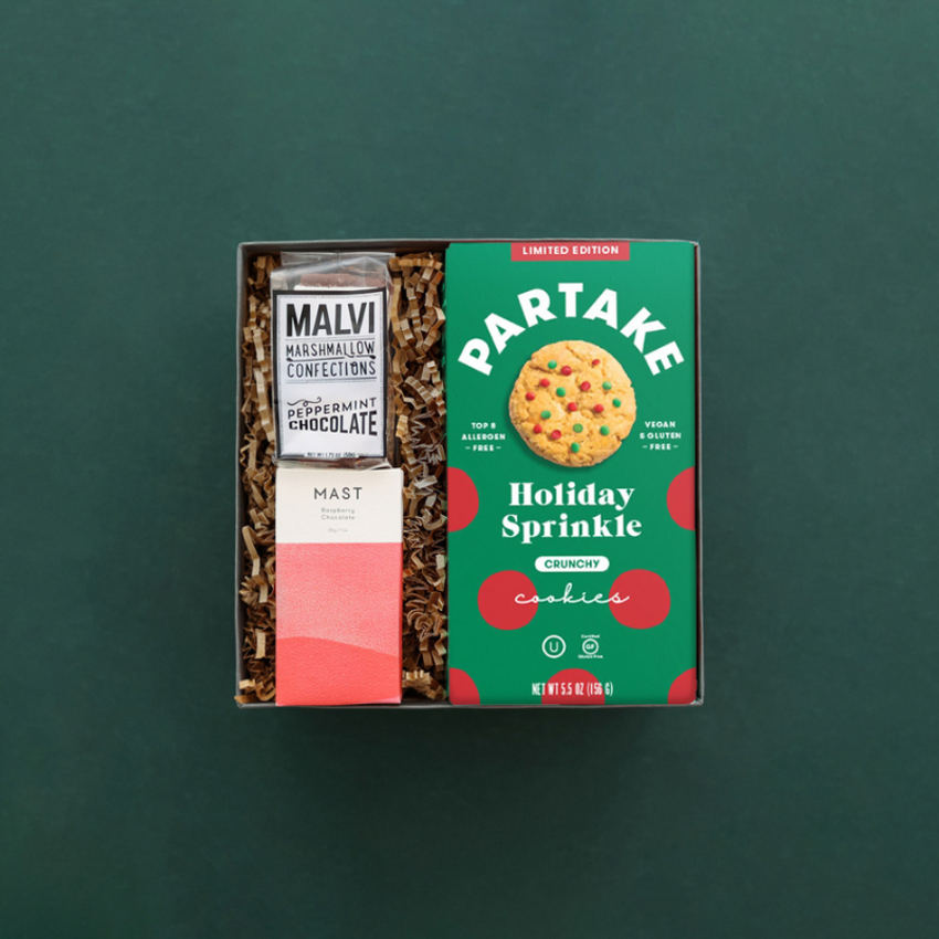 three holiday snacks in a gift box