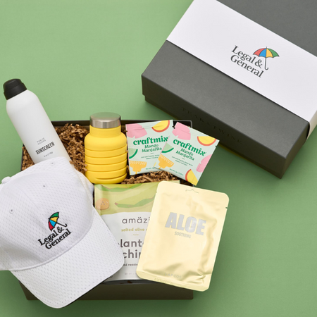 branded summer gift box on a green background