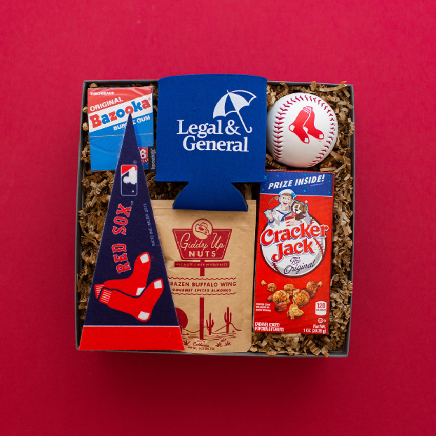 baseball gift box with corporate branding on a red background