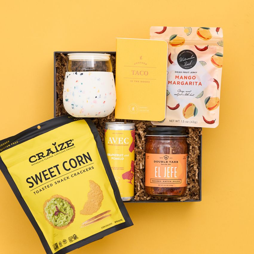taco and snack gift box on a yellow background