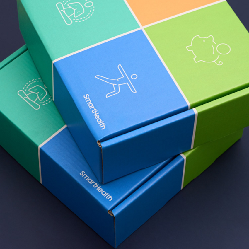 two stacked colorful custom branded mailer boxes