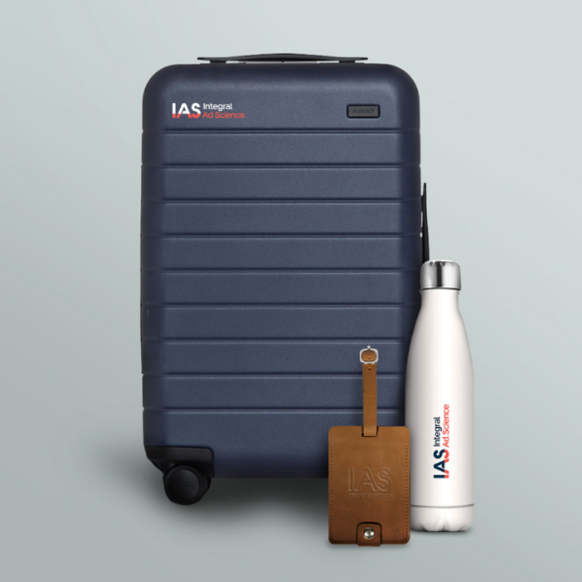 corporate branded suitcase, water bottle, and luggage tag