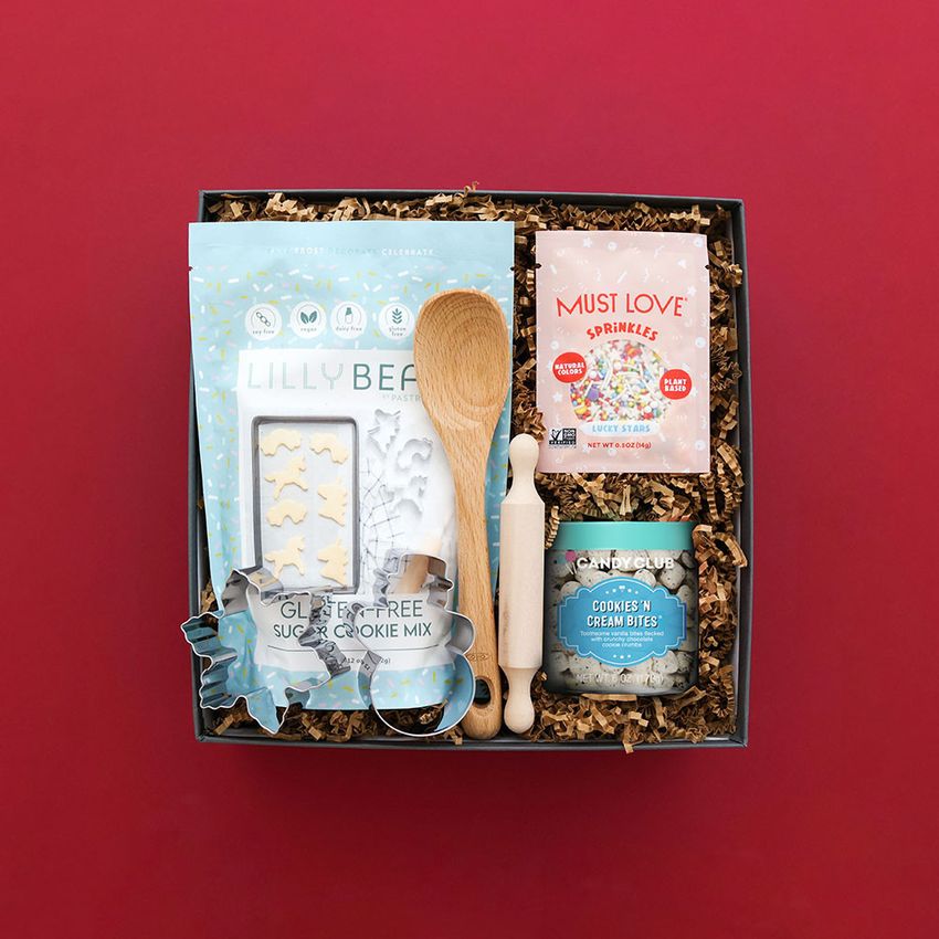 cookie baking gift box on red background