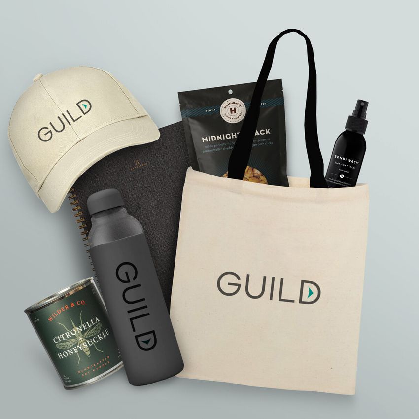 Guild custom tote bags with guild water bottle guild hat