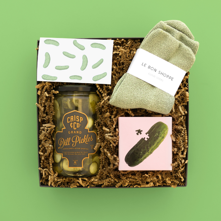 custom green socks pickle themed box with pickle puzzle