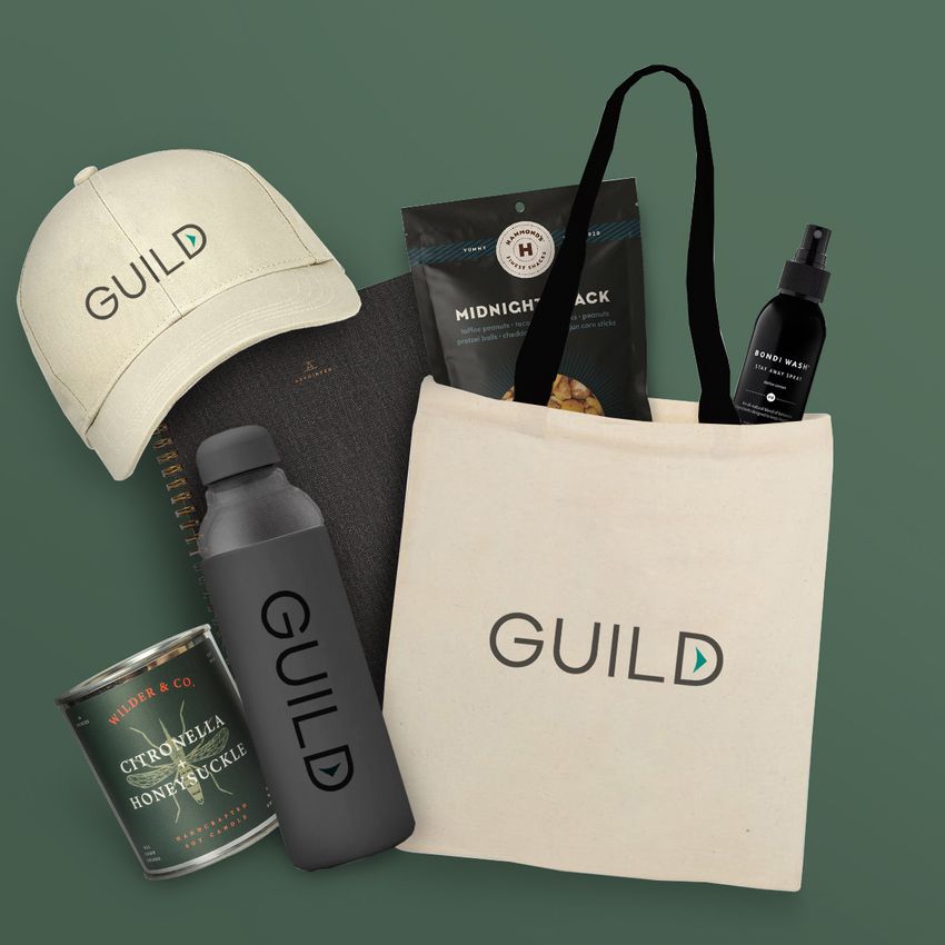 branded swag bag water bottle and hat