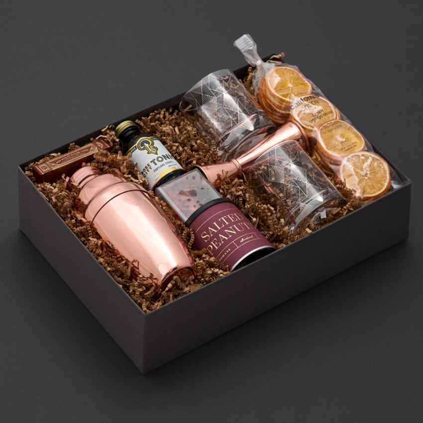 custom gift box for tech executives copper shaker copper jigger snacks dried fruit crystal glasses