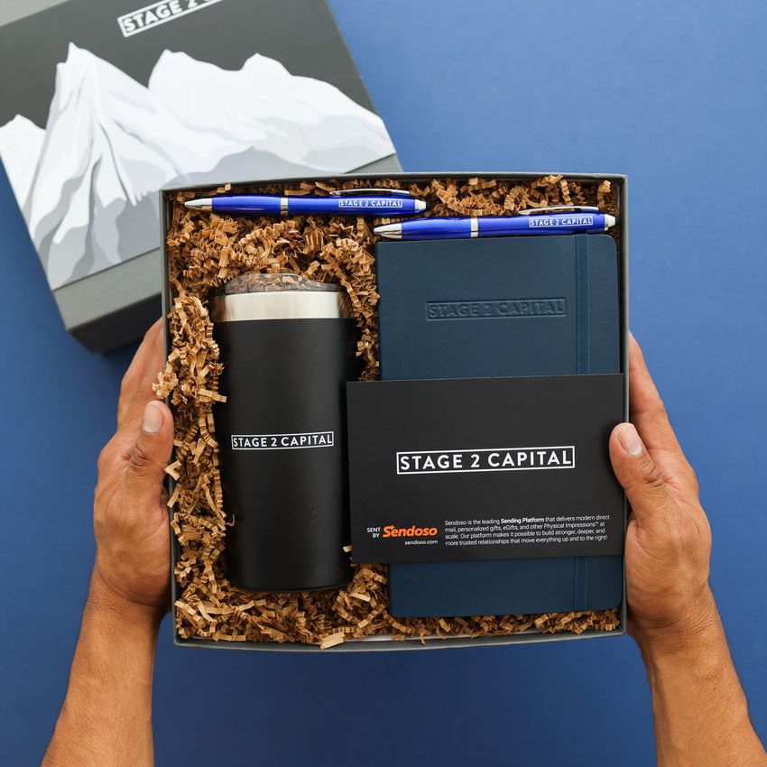 stage2capital gift box branded travel coffee mug branded pens branded notebook