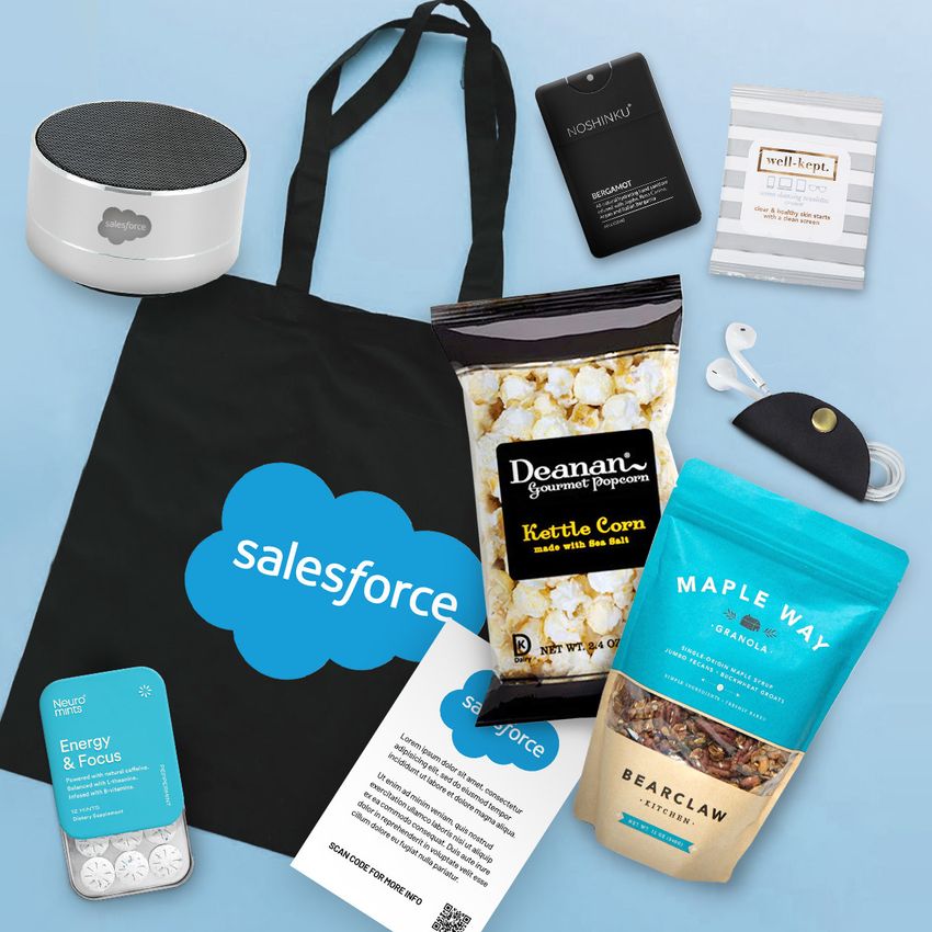tote bag with salesforce logo and swag products on a blue background