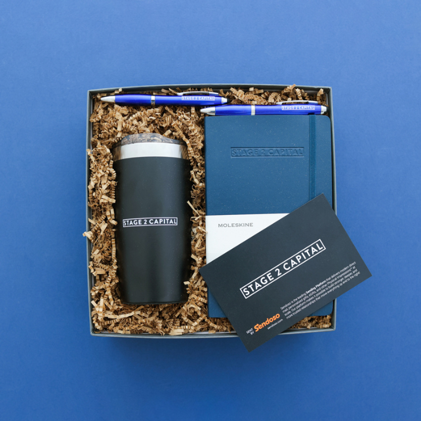 custom client gift tech company custom notebook travel coffee mug pens custom packaging