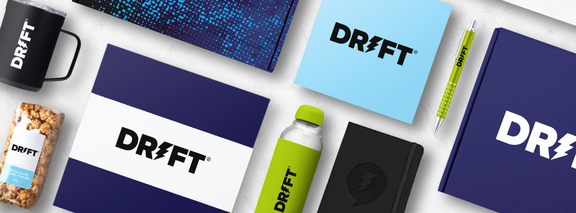 banner featuring branded items for drift
