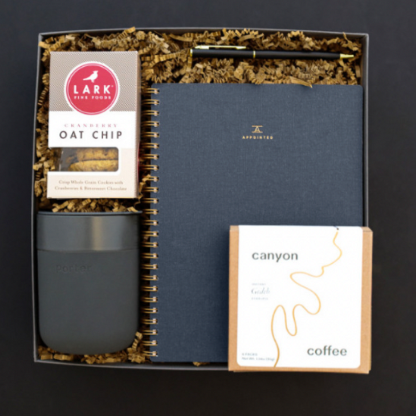 gift box with navy blue appointed notebook canyon coffee