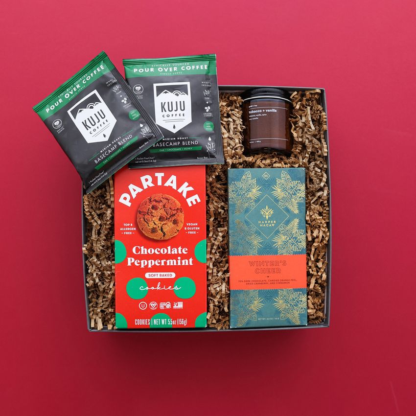 holiday gift box with red box of partake cookies