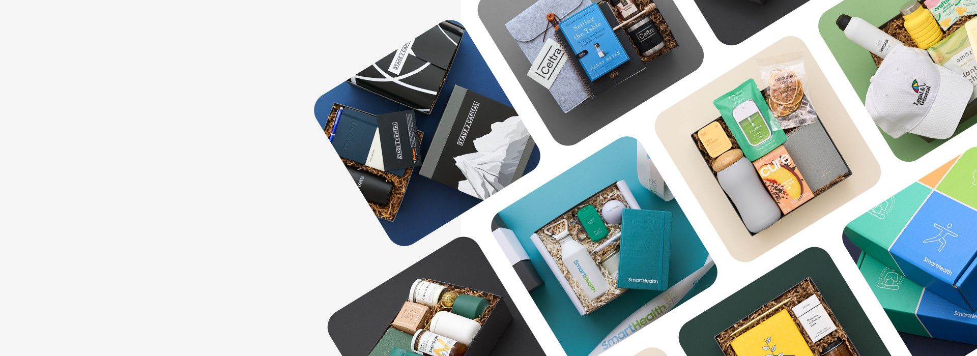several corporate gift boxes with branded packaging
