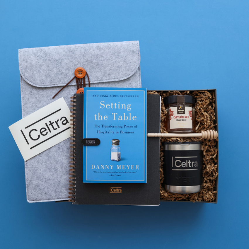 gift box with blue book for celtra employees