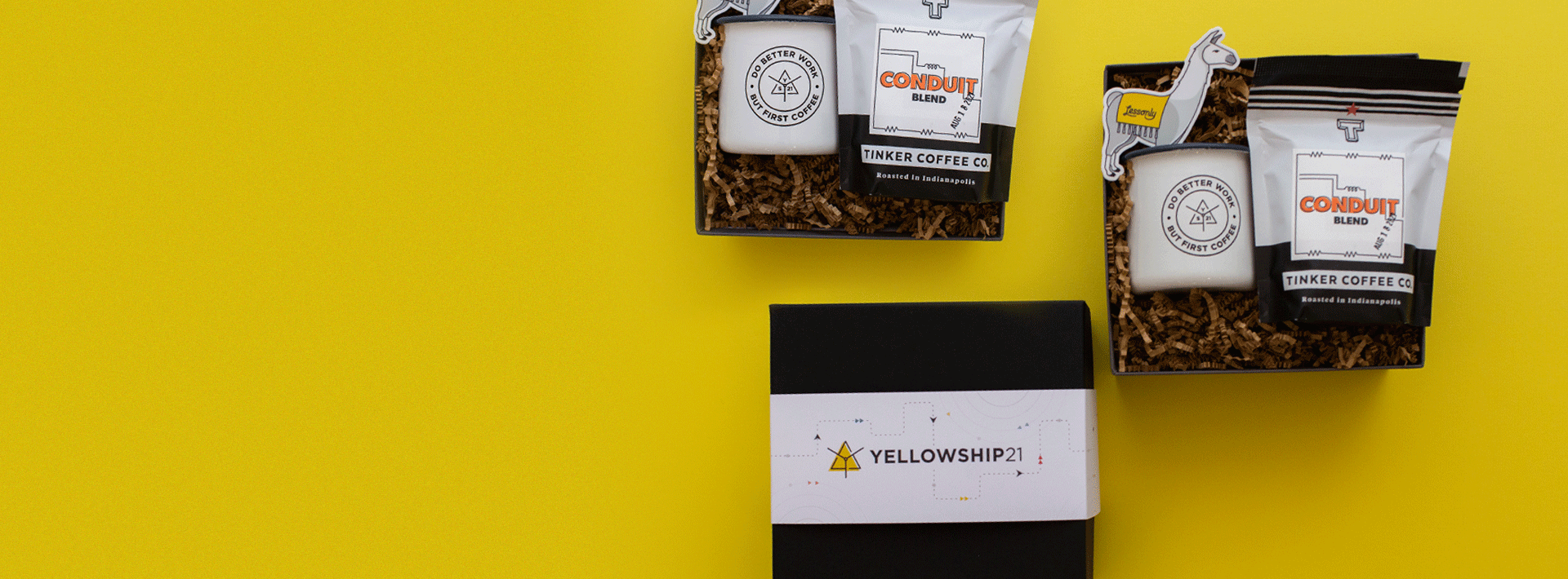 lessonly coffee and llama gift boxes with branded packaging