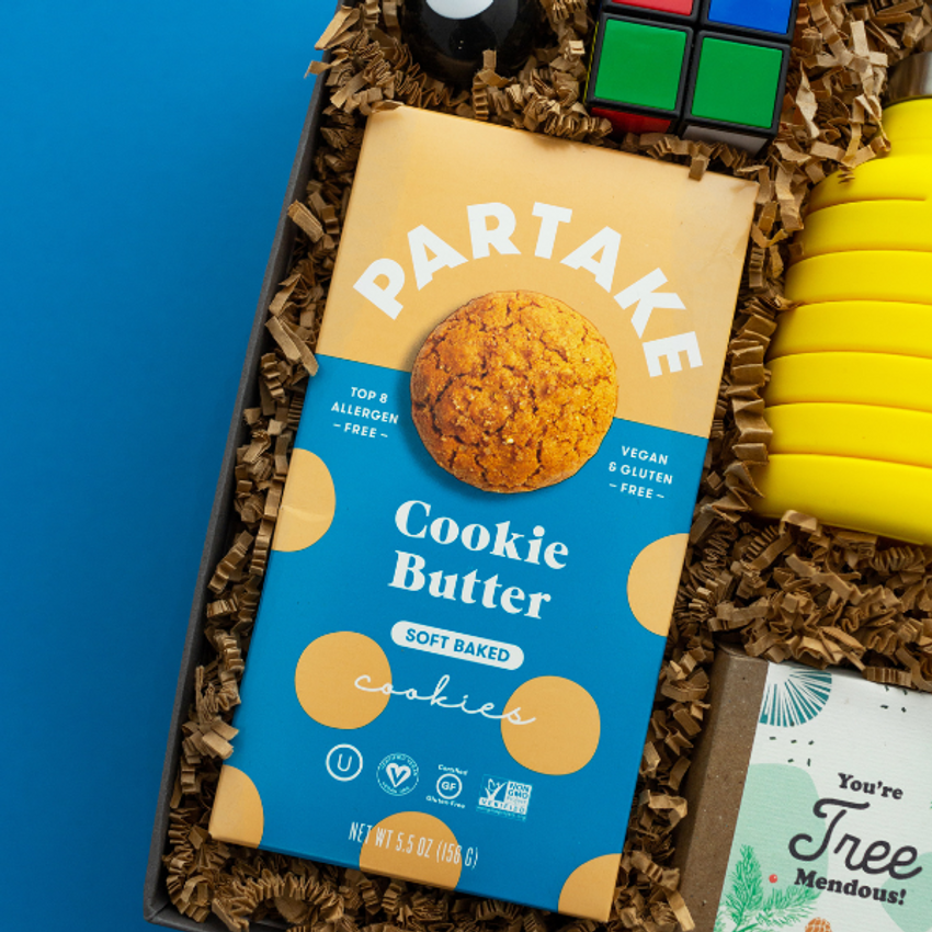 blue box of partake cookies in gift box